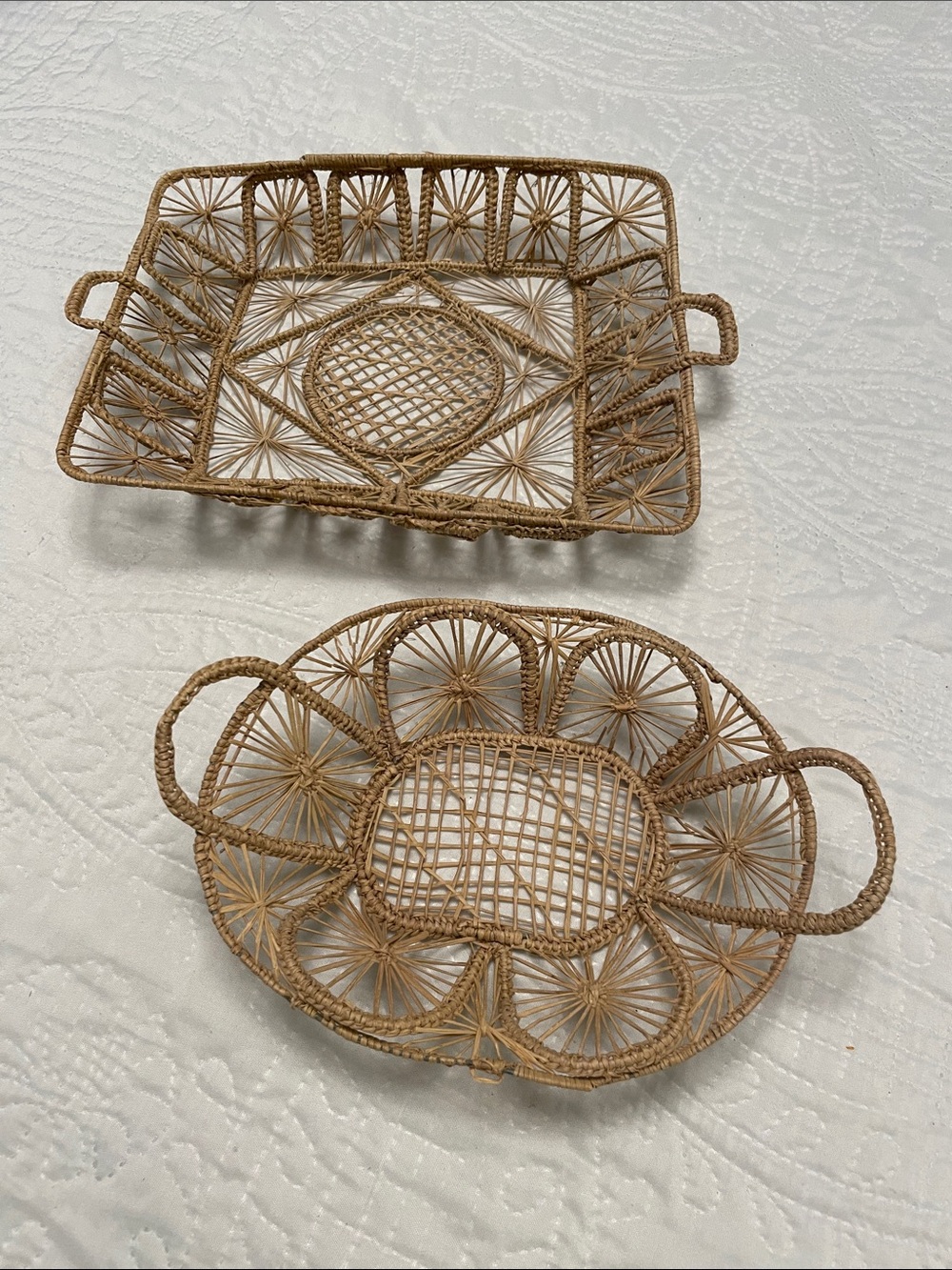 Vintage Handmade Set of 2 Bohemian Straw Lace & Wire Basket Set with Handles